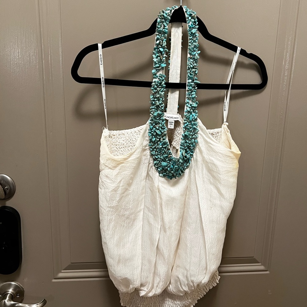 bebe White Camisole with Turquoise Embellishments